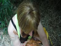 [ Poop  Porn ] Older woman tastes her own feces after taking a shit outdoors